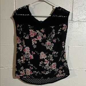 Express Floral Black and Pink Mesh Back Top- Small